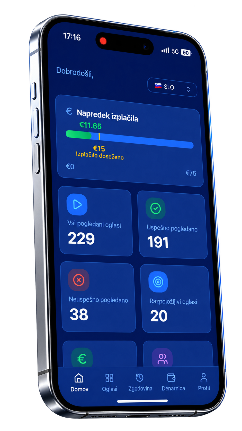 Predogled uporabniške aplikacije ValiAd na mobilnem telefonu
